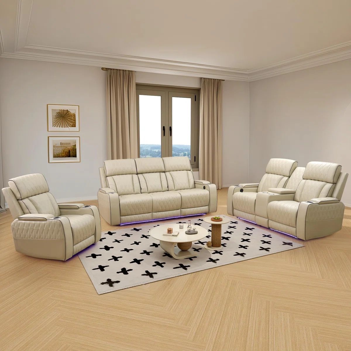 New Beige Power Reclining Couch Set 3 Pieces