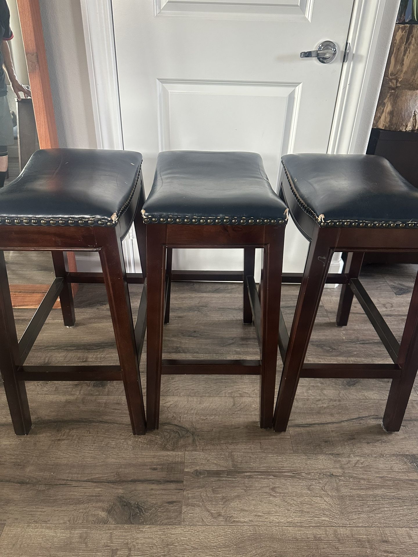Three Navy Leather And Wood Barstools/counter Stools