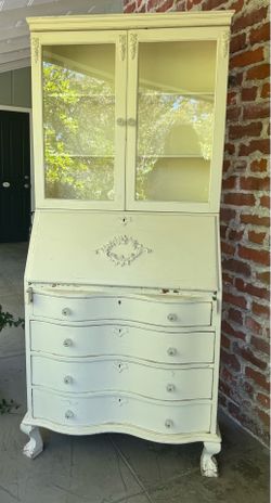 Vintage French Provincial Drop-Front Secretary Desk with Glass Hutch – $100