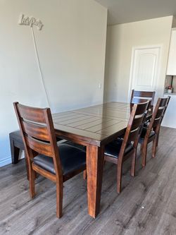 Dark Wood Dining Table Set with 4 Chairs and Bench