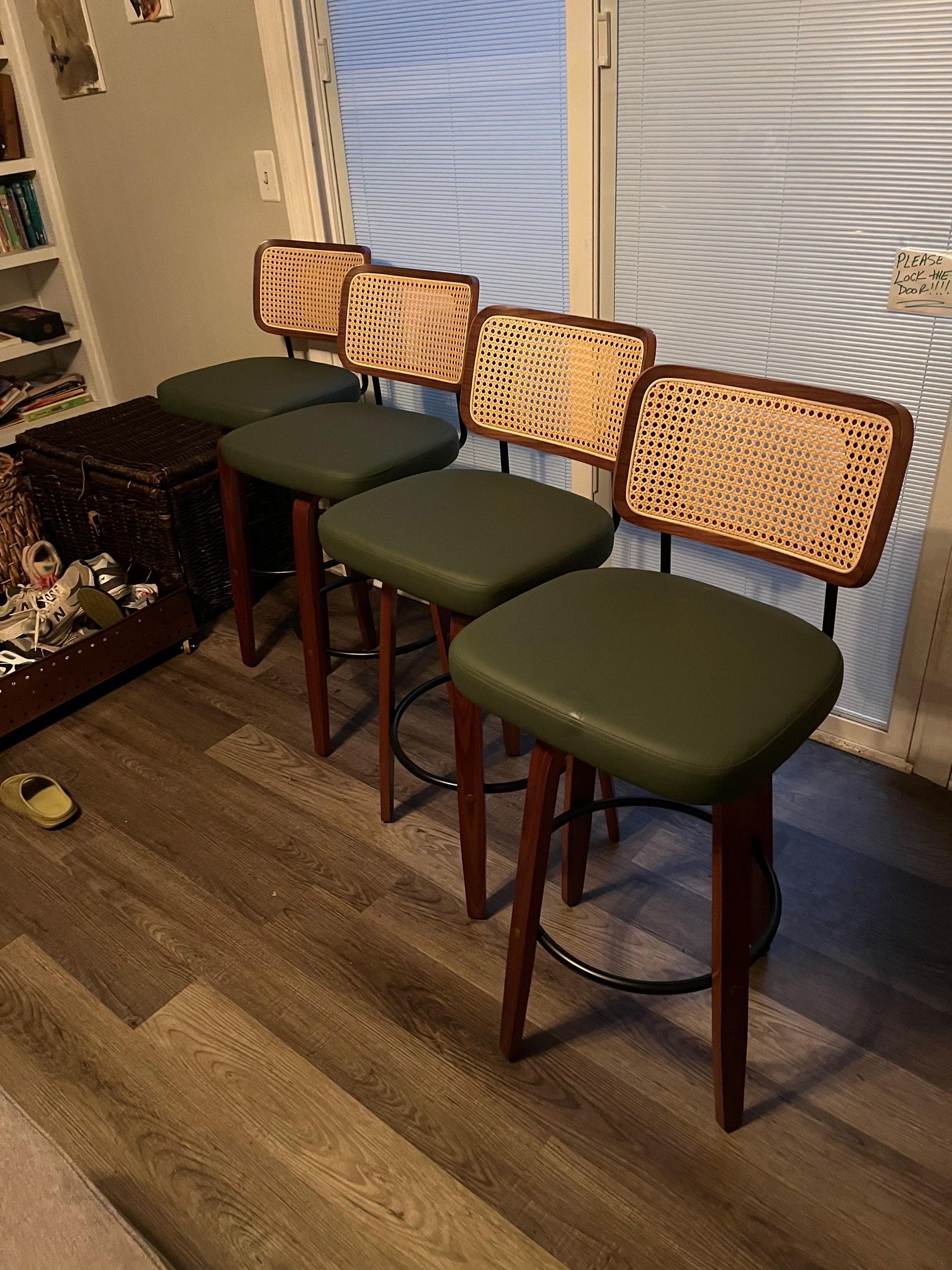Set Of 4 Walnut And Green Swivel Counter Height Bar Stools