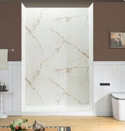 BRW-6030-CO96，60"W × 30"D × 96"H 3-Piece Solid Surface Shower Wall Panels, Beige Marble with Soft Brown Veining, Trimmable, Quick Install