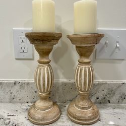 Two Wood Candleholders with Candles