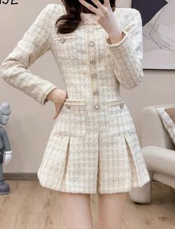 Cream Tweed Dress with Pearl Buttons