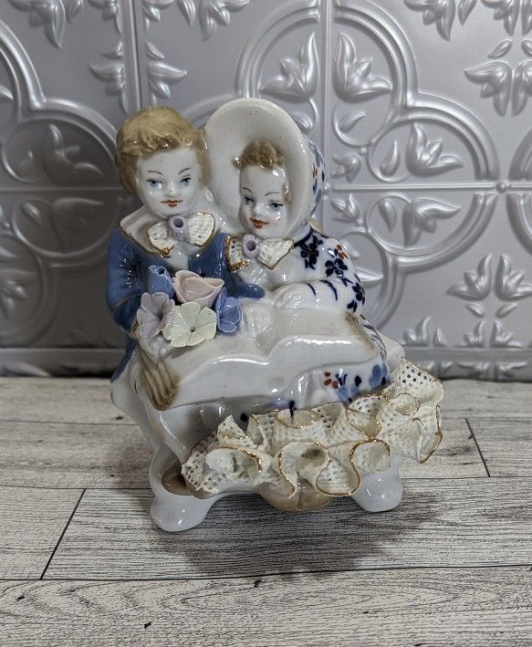 Boy And Girl Reading A Large Bible Book Blue And White
