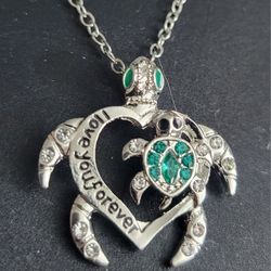 Mother And Child Turtle Pendant Necklace "Love You Forever" Stamped On Heart