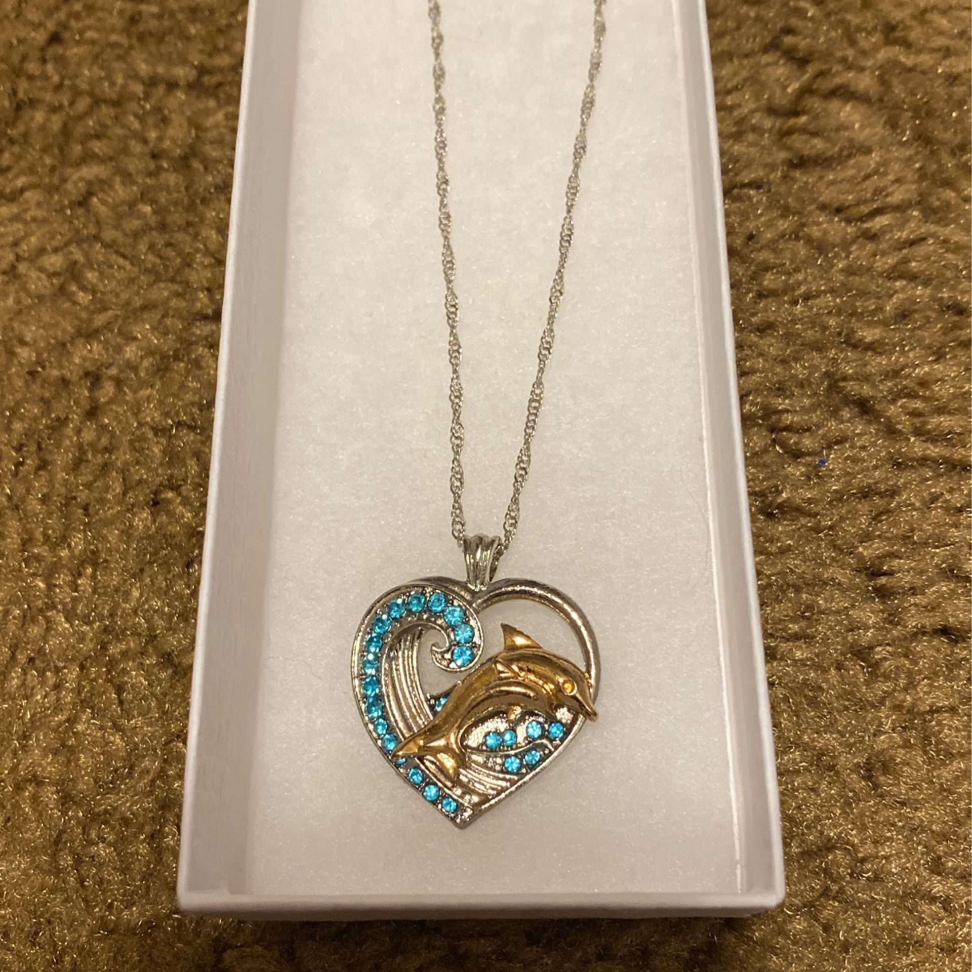 Women’s Silver Plated Turquoise Rhinestones Dolphin Necklace 22