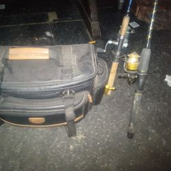 2  Rods And  Reels  And Tackle Box With  Misc.  Hook And Tacklle