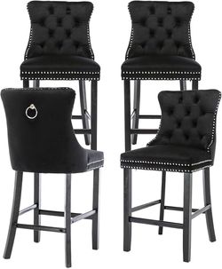 Velvet Upholstered Bar Stools Set of 4 with Back and Wood Legs, Metal Pulling Ring, Armless Counter Height Barstools for Kitchen Island, Pub(Black)