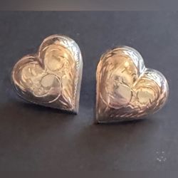 Sterling Silver 925, Hollow Filigree Etched Heart Stud Earrings