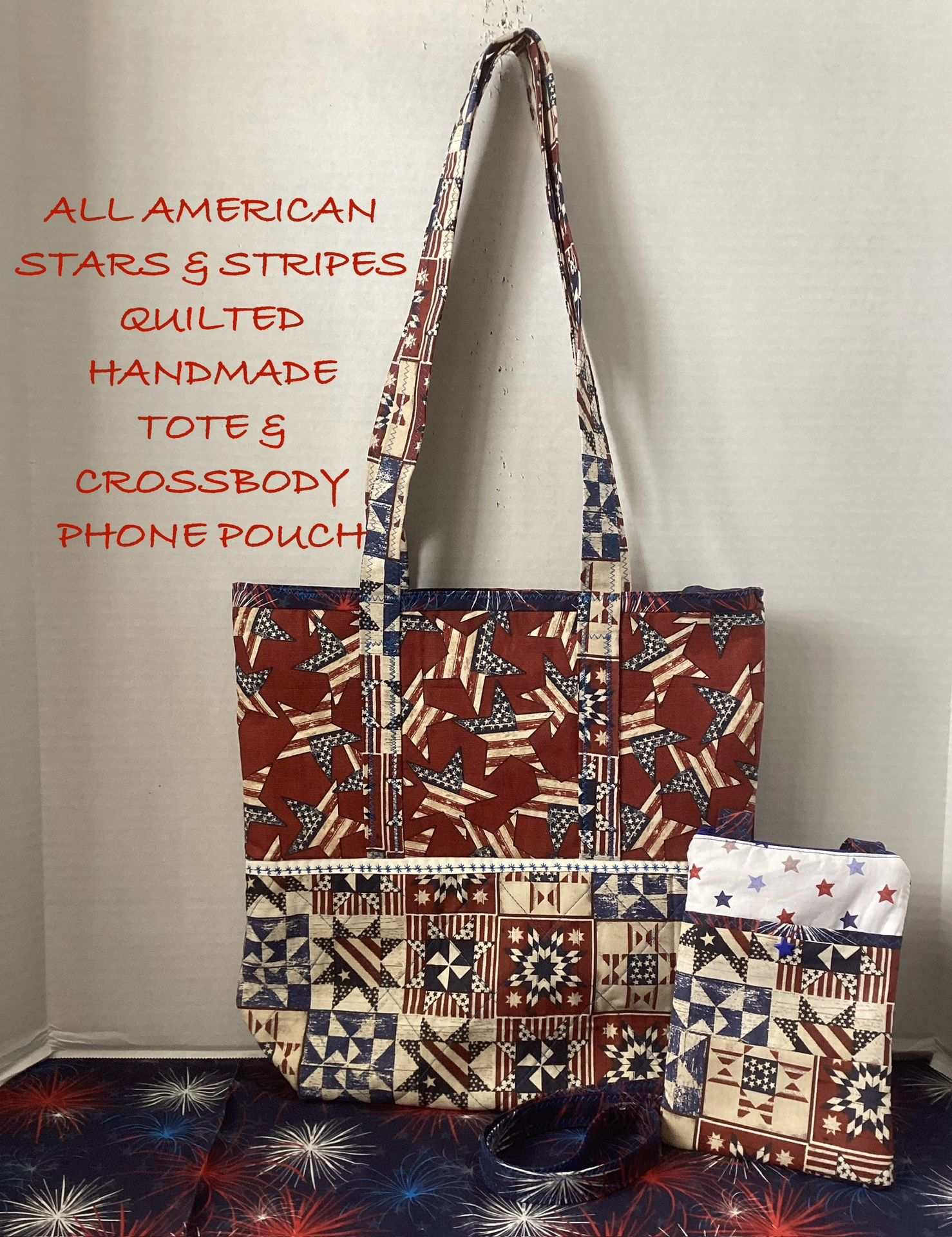 NEW STARS & STRIPES ALL AMERICAN QUILTED HANDMADE TOTE & CROSSBODY PHONE POUCH