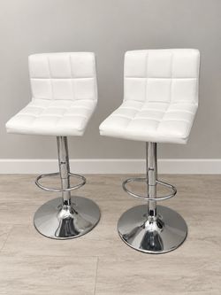 White Tufted Bar Stools with Chrome Base – Set of 2