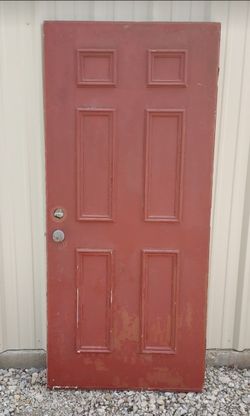 Vintage Red 6 Raised Panel Steel Metal Entry Door