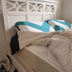 White Wood Bed Frame w/ Decorative Headboard – Sturdy & Elegant