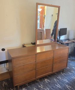 Vintage MCM 9-Drawer Lowboy Dresser with Detachable Mirror