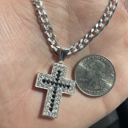 Solid 925 Sterling Silver Black & White CZ Cross 24in 5mm Cuban