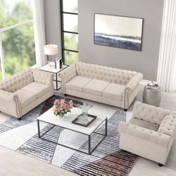 Linen Chesterfield Sofa Set With Roll Arms