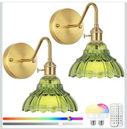 Vintage Battery Operated Wall Sconces Set Of Two, Indoor not Hardwired Brass Green Glass Lampshade Fixtures,Rechargeable Wireless RGB Wall Lights with