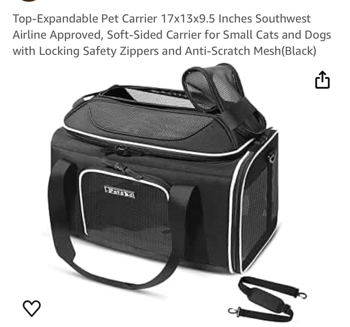 Top-Expandable Pet Carrier 17x13x9.5” Airline Approved, Soft-Sided Locking Safety Zip Black NEW