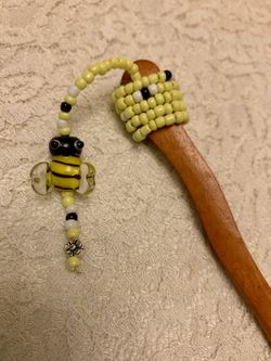 Wooden Handcrafted Beaded Chopstick Hair Pin With Glass Bumblebee Bead, 7”