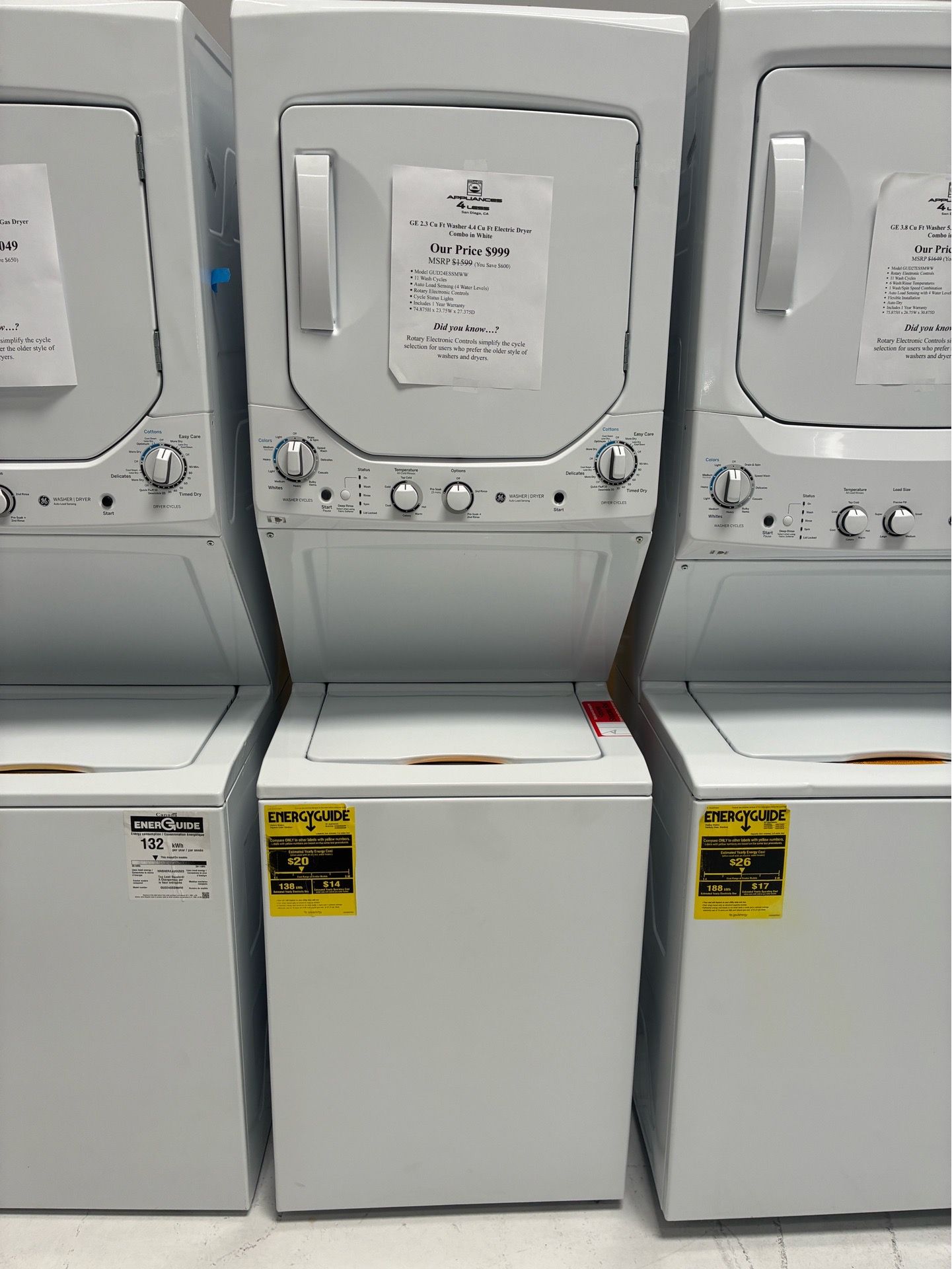 Save $600 on this GE washer 2.3 Cu Ft/electric dryer 4.4 Cu Ft combo MSRP $1599 our price $999