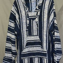 Mexican Baja Pullover Hoodie Blue And White Size XL