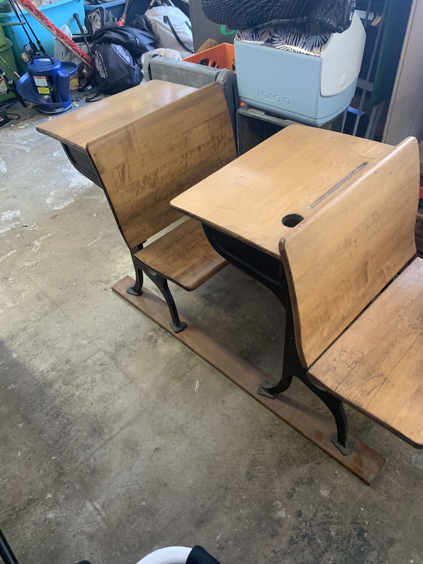 Antique Double School Desk In Good Condition Missing Rear Desk Cubby Wood