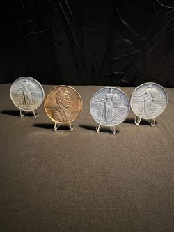 Lot Of Four Large Giant Replica 3” Jumbo Metal Coins.. 1972 1 Cent & 1916 Quarter Dollar. Paperweight, coaster,