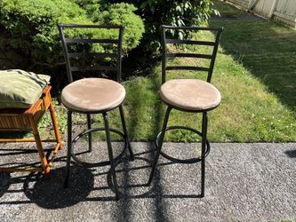 2 Bar Chairs/Stools, Beige Suede Seat And Black Metal 