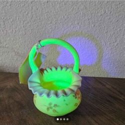 Vintage Fenton Burmese Hand Painted, Signed & Glow In The Dark Basket