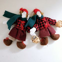 Lord & Taylor Set of 2 - 7" Lumberjack Dolls Plushies in Red Plaid Clothing Holding Baskets. Foam dolls. Pre-owned in excellent condition. Makes a gre