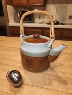GLAZED CERAMIC ASIAN TEAPOT & BOWL