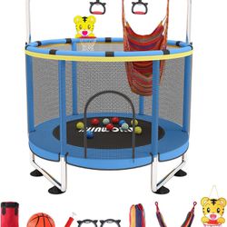 Trampoline for Kids, Adjustable Baby Toddler Trampoline with Basketball Hoop, 220lbs Indoor Outdoor Toddler Trampoline with Enclosure (Blue-E)
