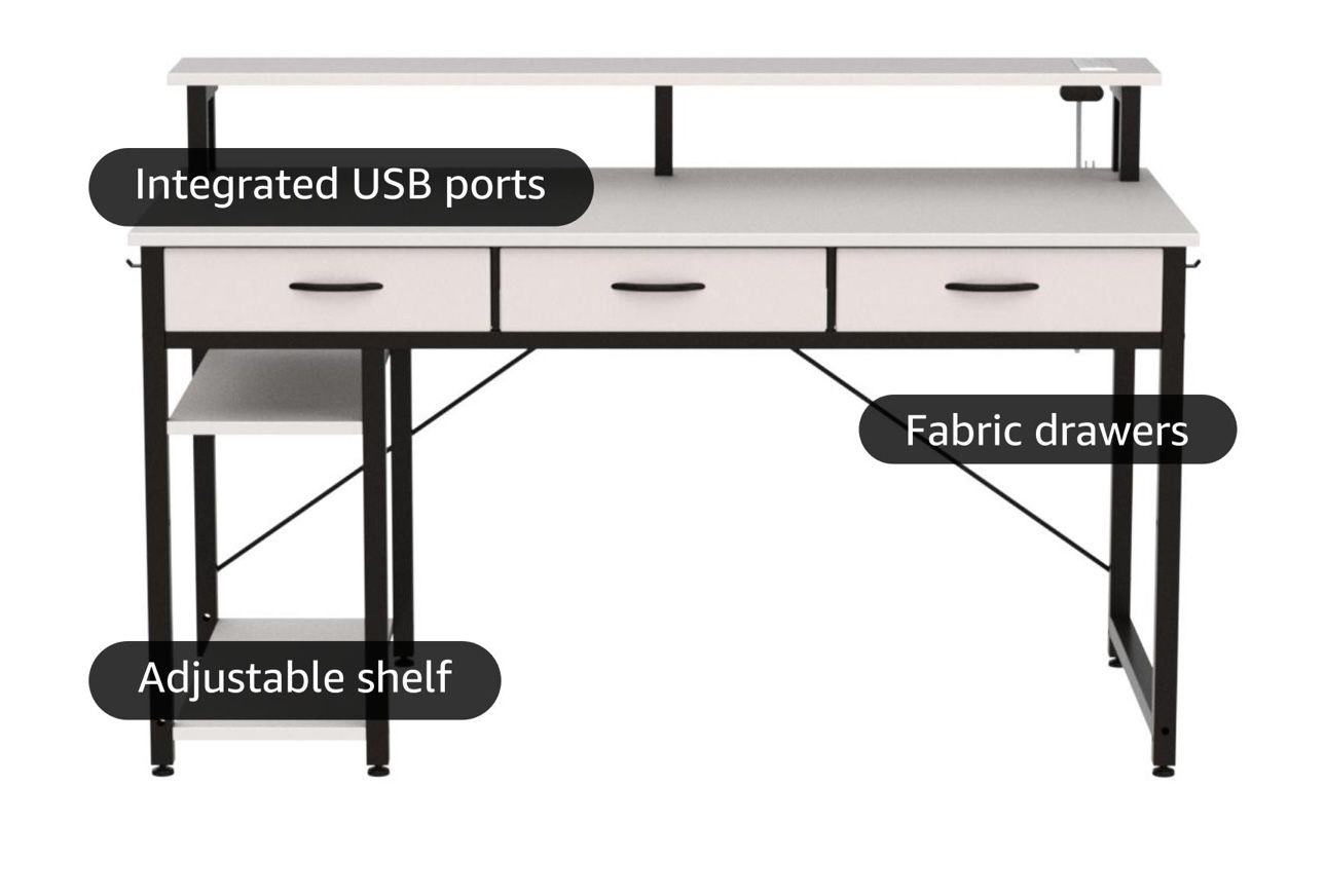 White Computer Desk With Power Outlets And LED Lights