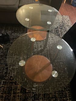 Glass side tables with wood shelves