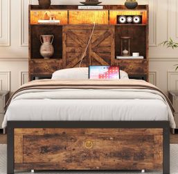 Open box-Twin Size Bed Frame with Storage Headboard and Drawers, Farmhouse Platform Bed Frame with Charging Station & LED Lights, Metal Slats Support,