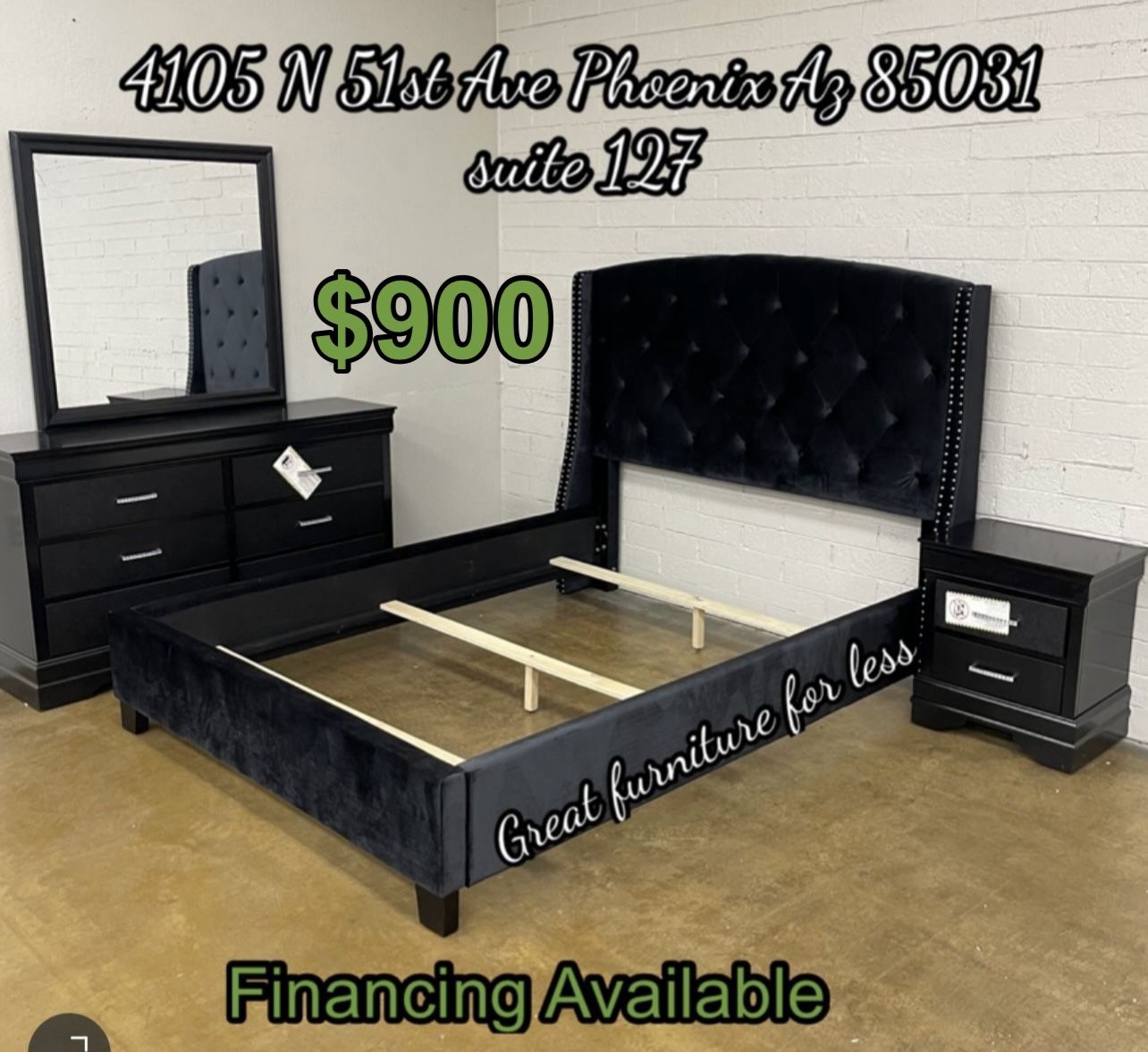 Queen Size Bedroom Set Black Include Bed Frame Dresser Mirror And Nightstand Brand New