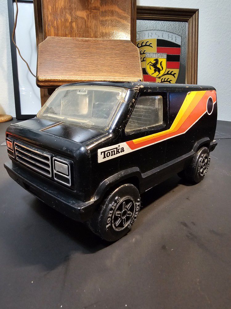 Vintage 1970’s Tonka Pressed Steel Black Van With Yellow And Orange Stripes