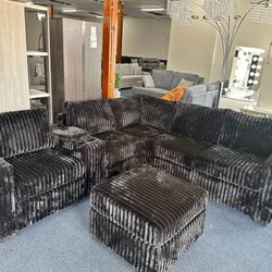 Black Coudroy  Sectional Sofa With Ottoman 