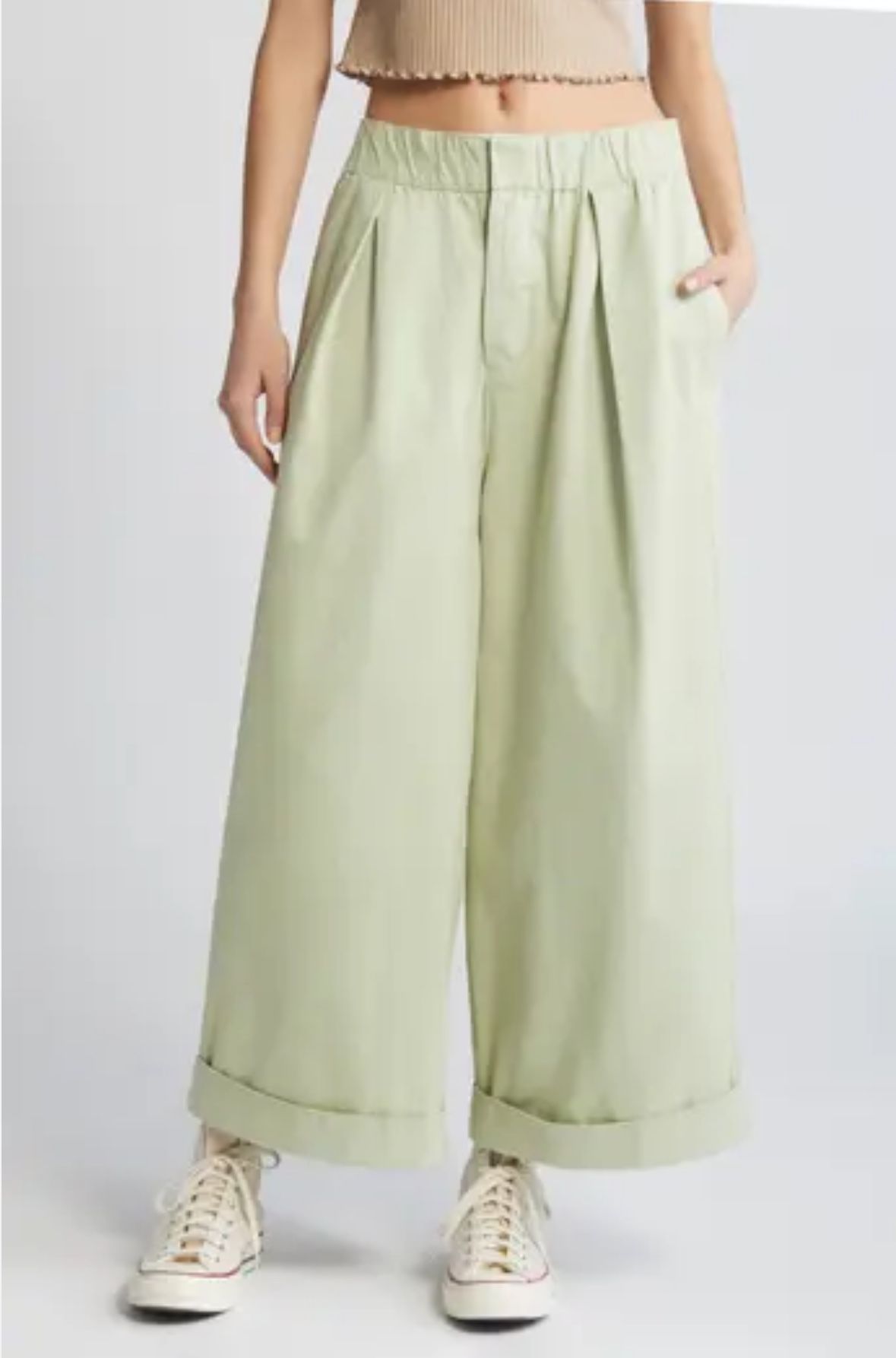 NWT Free People After Love Roll Cuff Wide Leg Pants Sz S Light Green