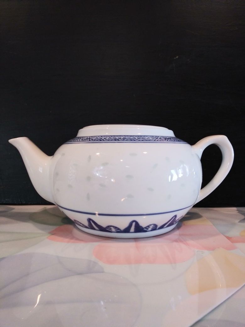 Vintage Rice Pattern Tea Pot Blue White Chinese Porcelain