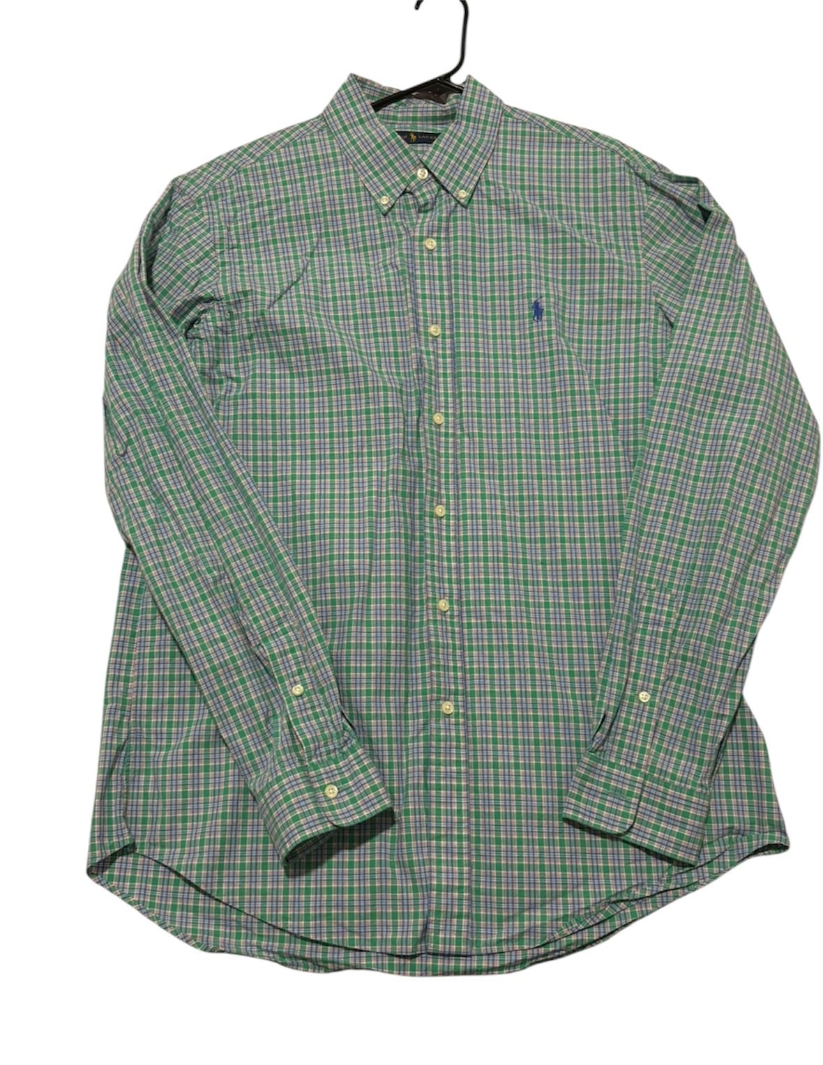 Ralph Lauren Polo Shirt Mens Large Green Plaid Button Up Cotton Knit Preppy Pony