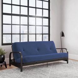 Black Metal Arm Full Size Futon Frame with 6” Blue Mattress 
