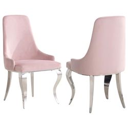 Brand New Glam Pink Velvet With Chrome Metal Legs Side Chair Dining Chair Set Of 2