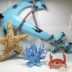 Blue Wooden Decor Anchor Wall Hanging Orname, 22” Long Real desiccated dried starfish decor, beach Lot