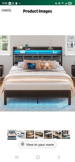 Rolanstar Bed Frame Full Size with Charging Station and LED Lights, PU Leather Headboard with Storage Shelves, Heavy Duty Metal Slats, No Box Spring N