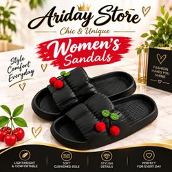 Women's Dark Slide Sandals with Cherry Detail