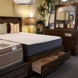 Brand New Rustic Brown Queen Storage Bedframe, Dresser, Mirror, Nightstand 4PCs Bedroom Set