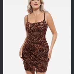 Leopard Print Dress with Built in Shapewear Spaghetti Strap Mini Dresses Mesh Ruched Bodycon Summer Splash