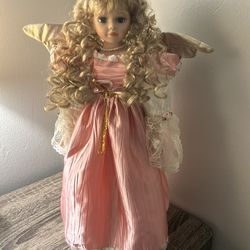 Porcelain Angel Doll 17” With Stand.